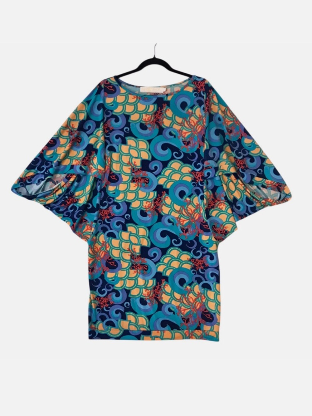 VTG Tracy Negoshian Caftan Dress Coral Wave Print Colorful Boho Retro Women’s L